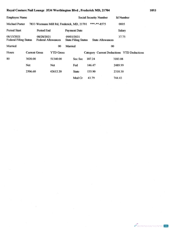 Download ROYAL COUTURE NAIL LOUNGE pay stub in PDF and Word format Photoshop template